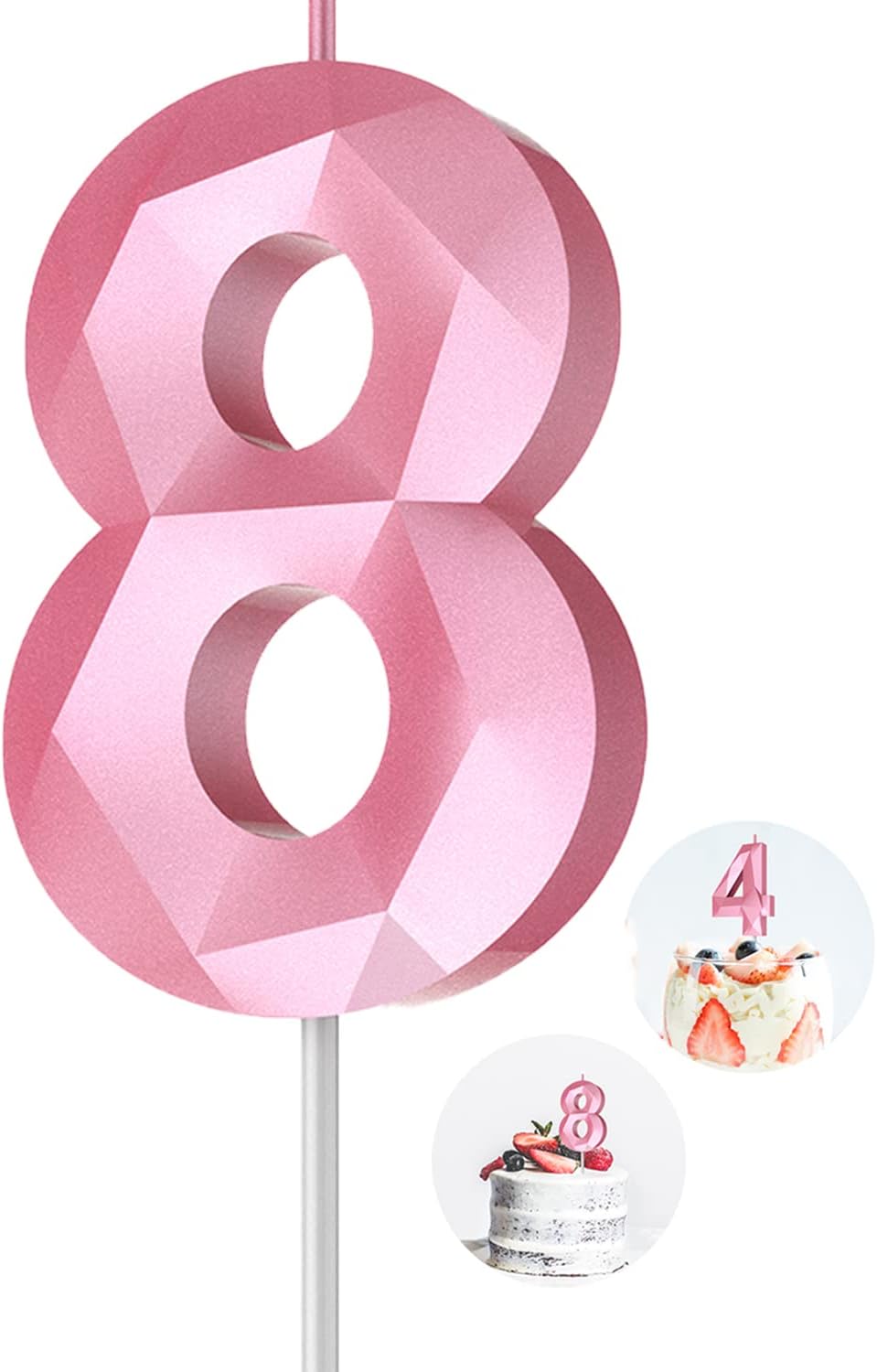 Number Birthday Candles(8 Candle Pink) 3D Diamond Shape 8th Happy Birthday Cake Topper Decorations for Girl Women Birthday Wedding Anniversary Celebration Theme Party Supplies