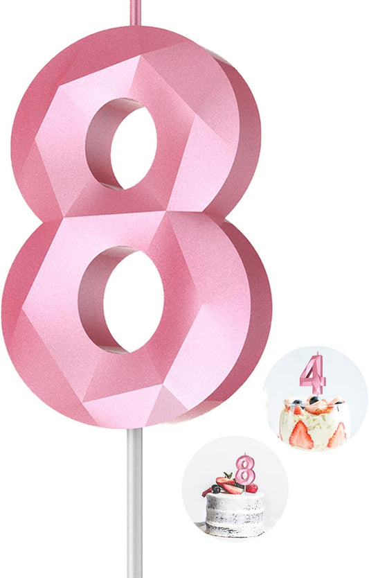 Number Birthday Candles(8 Candle Pink) 3D Diamond Shape 8th Happy Birthday Cake Topper Decorations for Girl Women Birthday Wedding Anniversary Celebration Theme Party Supplies