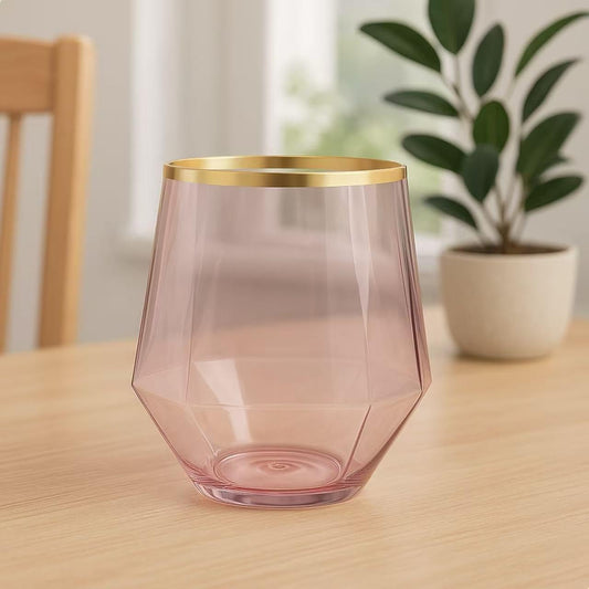 40 count Diamond Unbreakable Stemless Plastic Wine Champagne Whiskey Glasses Elegant Durable Disposable Indoor Outdoor Ideal for Home, Office, Bars, Wedding, 12 Ounce Cups (Diamond Pink Matte Gold)
