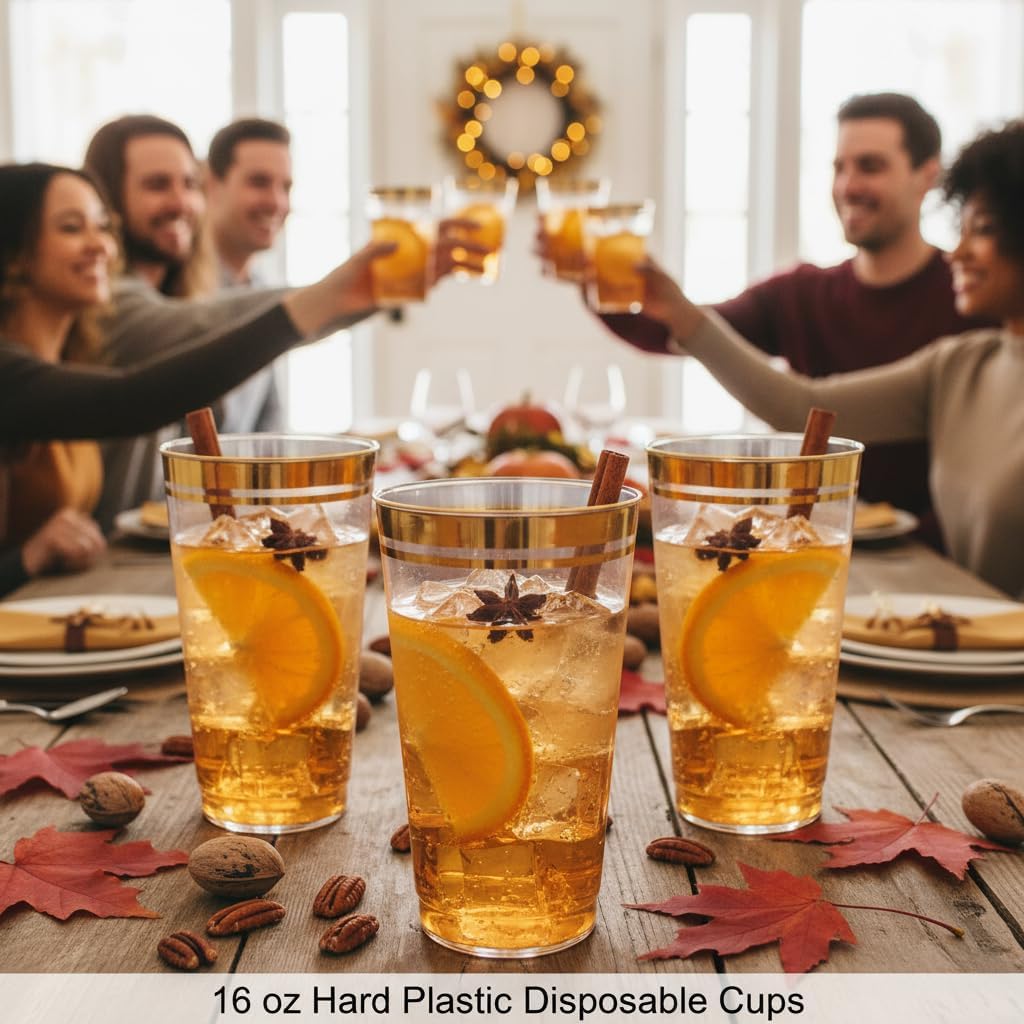 Perfect Settings Gold Rimmed Disposable Plastic Cups, Clear Hard Plastic Drinking Glasses for Cold Beverages & Cocktails, BPA-FREE, Disposable Wedding Cups, 16 oz. (Pack of 100)