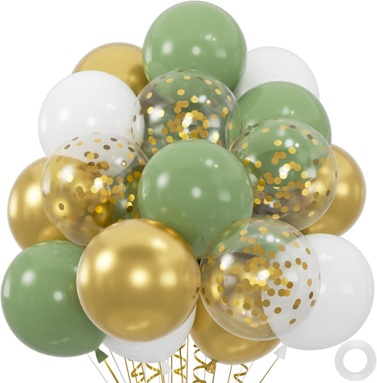50pcs Sage Green Gold White Balloons, 12inch Olive Green and Gold Confetti Latex Balloons for Birthday Baby Shower Gender Reveal Wedding Party Decoration