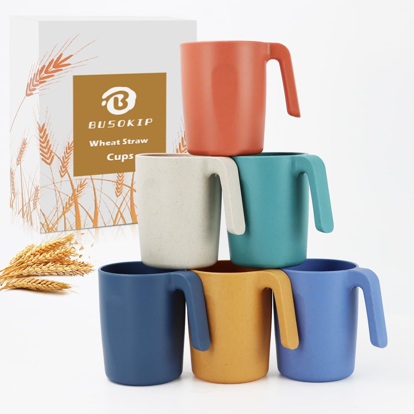 Wheat Straw Coffee Mugs Set of 6, Plastic Coffee Mugs 16 OZ, Microwave and Dishwahser Safe Plastic Cups with Handles, Unbreakable coffee Mugs for Camping, Tea, Kitchen, RV - Multicolor