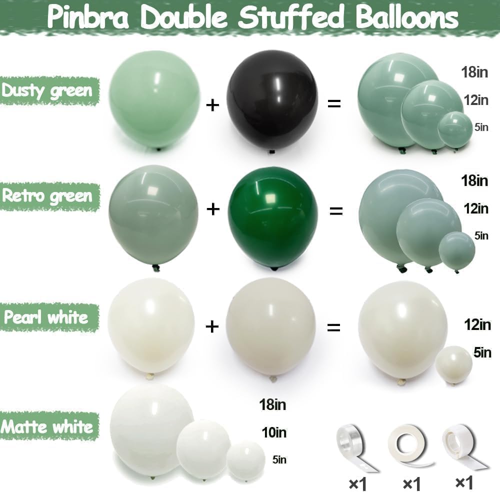 Sage Green White Balloon Garland Double Stuffed Dusty Green White Pearl Balloons Olive Pastel Balloon Arch Kit for Neutral Baby Shower Bridal Shower Birthday Baptism Christmas Party Decorations