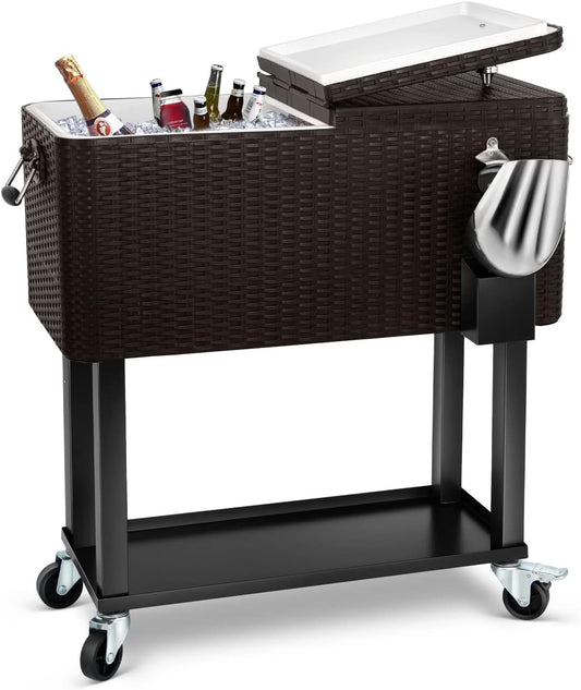 EDOSTORY 80 Quart Rolling Ice Chest Cooler Cart,Patio Backyard Party Drink Beverage Bar Stand Up Cooler Trolley with Ice Scoop