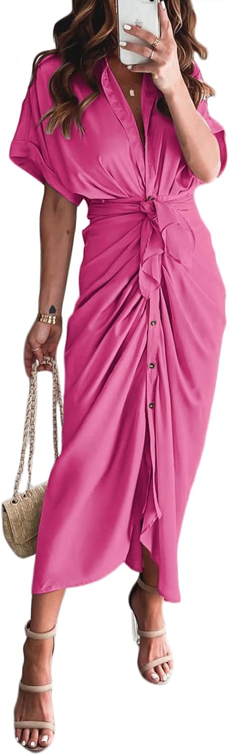 Women Elegant Satin Button Down Short Sleeve Maxi Shirt Dress with Belt