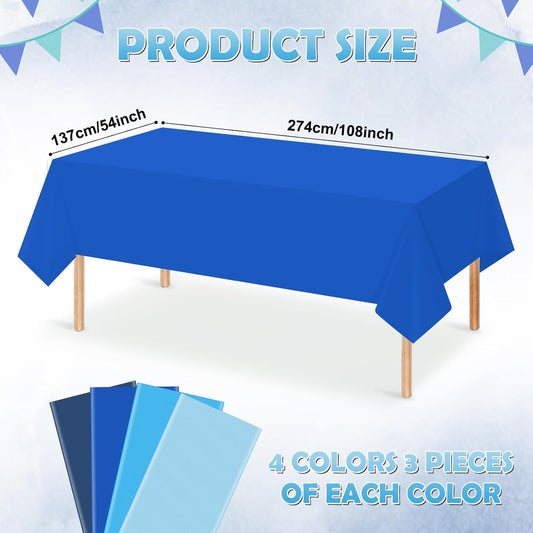 12 Pack Blue Plastic Tablecloth for Rectangle Tables, Ombre Blue Baby Shower Table Cover, Disposable Ocean Table Cloth for Birthday Wedding Picnic Under The Sea Party Decorations, 54x108 Inch