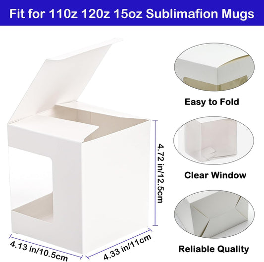 36 Pack Mug Boxes for Gifts, Small Gift Boxes with Clear Window, Transparent Cups Wrapping Box for Sublimation Mugs Coffee Cups DIY Crafts Candle 11oz, 12oz, 15oz Gift Wrapping (White)