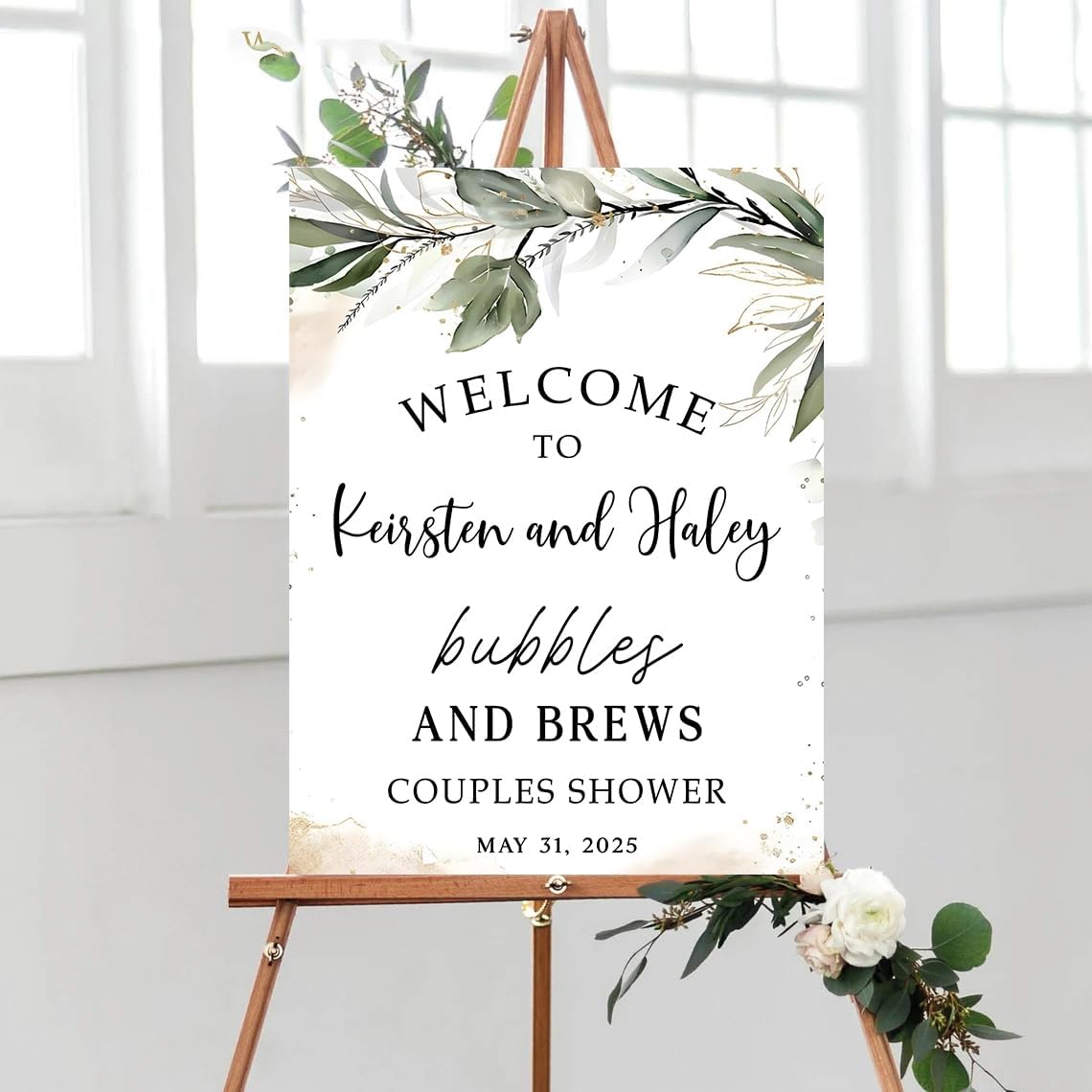 Personalized Greenery Eucalyptus Bubbles and Brews Couples Shower Welcome Sign, Gold Modern Minimalist Wedding Shower Bridal Party Decoration, Outdoor Plastic Sign Weatherproof #15