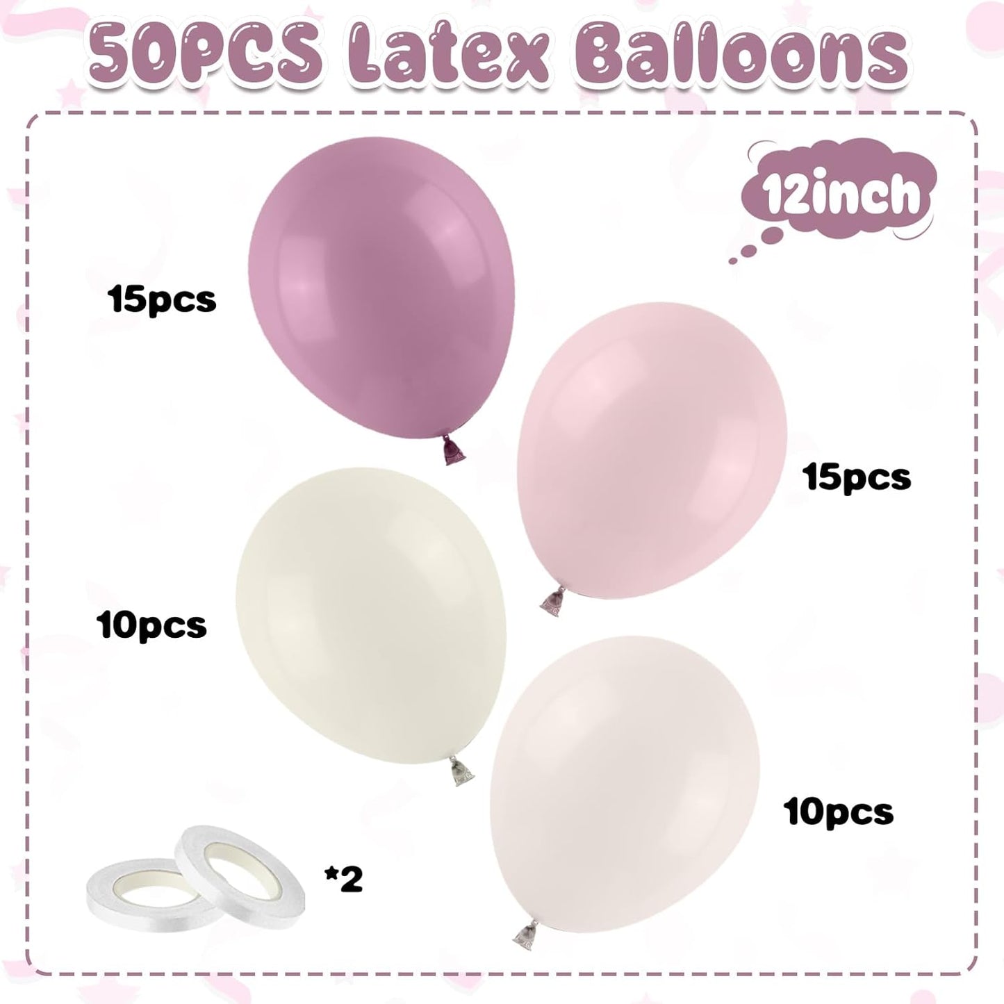 Pink and Purple Balloons, 50PCS 12Inch Dusty Purple Lavender Pastel Macaron Pink Sand White Balloon Boho Balloon for Girls Birthday Baby Shower Wedding Boho Bridal Shower Decorations