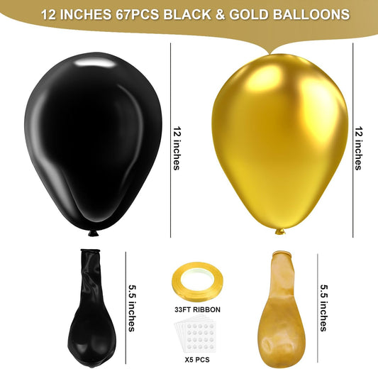 Black and Gold Metallic Chrome Balloons Set, 67pcs 12 inch Latex Party Balloons for Birthday Party Graduation Anniversary Baby Shower Wedding Decorations