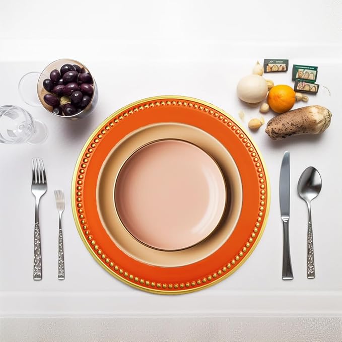 Orange Beaded Charger Plates, Set of 6, 13 Inch Plastic Round Chargers for Dinner Plates, Party, Wedding, Birthday.(Orange. 6)