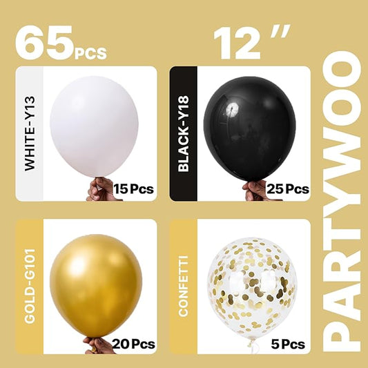 PartyWoo Black and Gold Balloons 65pcs 12 Inch Matte Black White Metallic Chrome Gold Confetti Balloons for Graduation Baby Shower Birthday New Year's Eve Anniversary Bachelorette Party Decorations