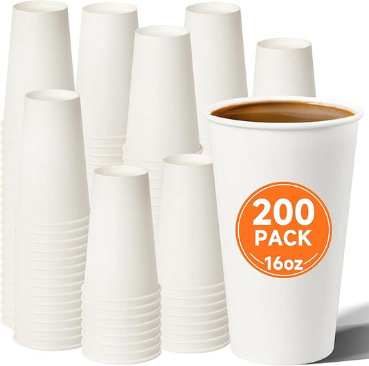 200 Pack Disposable Paper Coffee Cups 16 oz, White Paper Cups, Hot Beverage Drinking Cup for Coffee, Water, Tea, Juice, Espresso