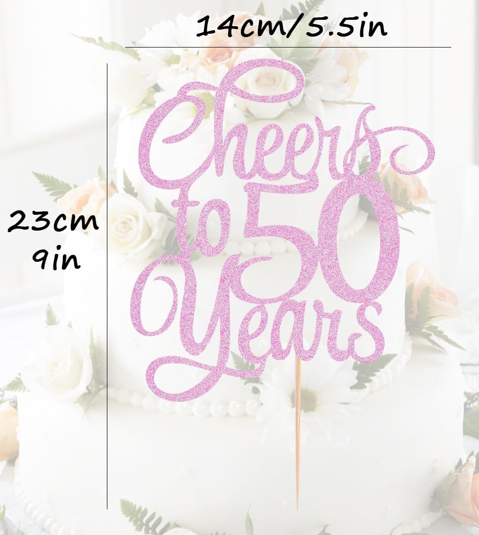 Cheers to 50 Years Cake Topper - Pink Glitter 50th Birthday Cake Decorating Supplies, Perfect for 50th Anniversary or Fifty Birthday Party, Photo Booth Props