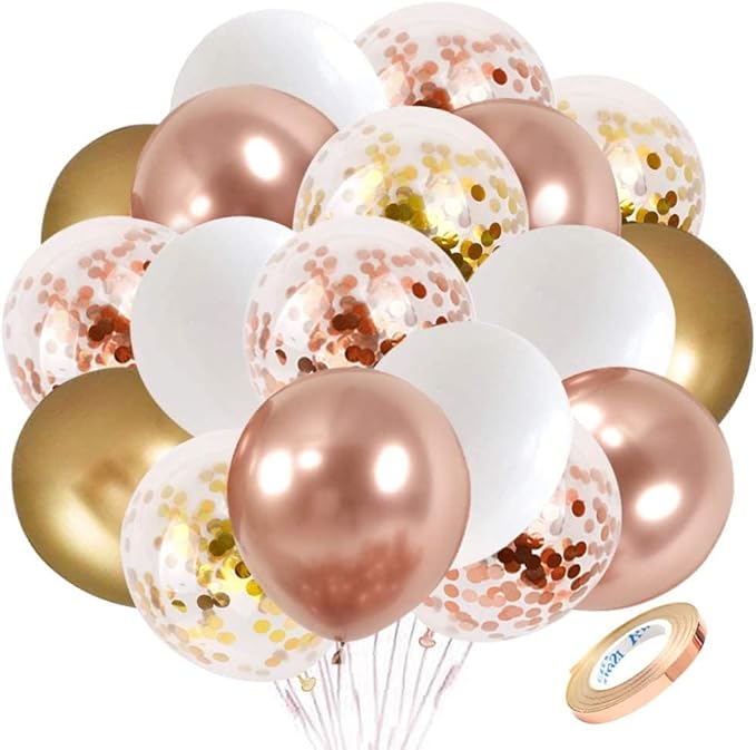 Rose Gold Confetti Latex Balloons, 60 pcs 12 inch White Metallic Gold Party Balloon with 33 Ft Rose Gold Ribbon for Birthday Wedding Anniversary Bridal Shower Decoration