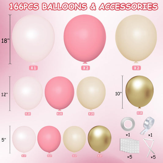 Dusty Blush Pink Nude Gold Balloon Arch Kit, 166Pcs Retro Pink Nude Metallic Gold and Macaron Light Pink Balloons for Bridal Baby Shower Girls Boho Birthday Wedding Decorations Supplies