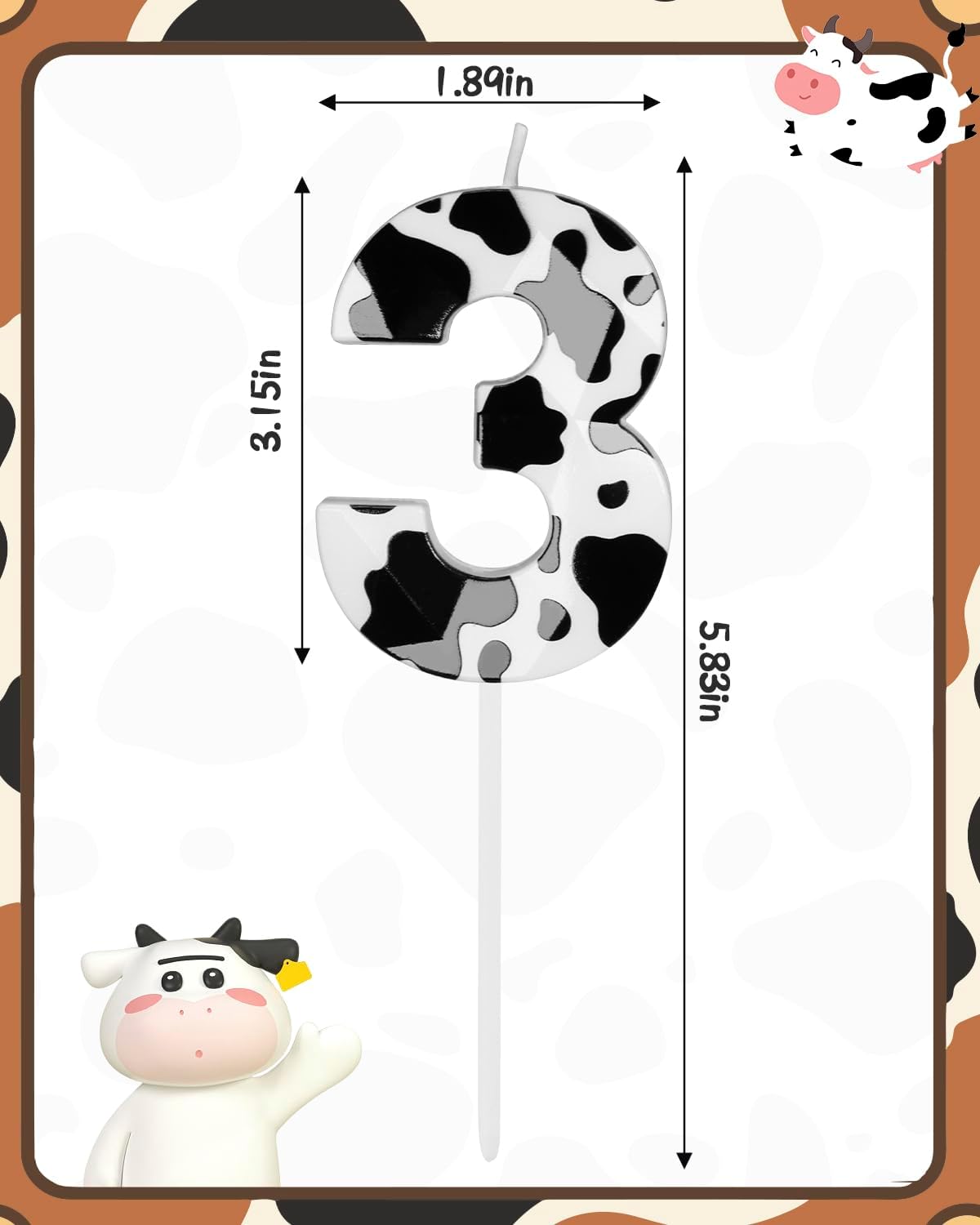 Number 3 Black Cow Birthday Candles，2.68 inch Metallic 3D Cow Birthday Candles, Cow Themed Cake Topper Decorations for Birthday Party Anniversary Celebration Supplies