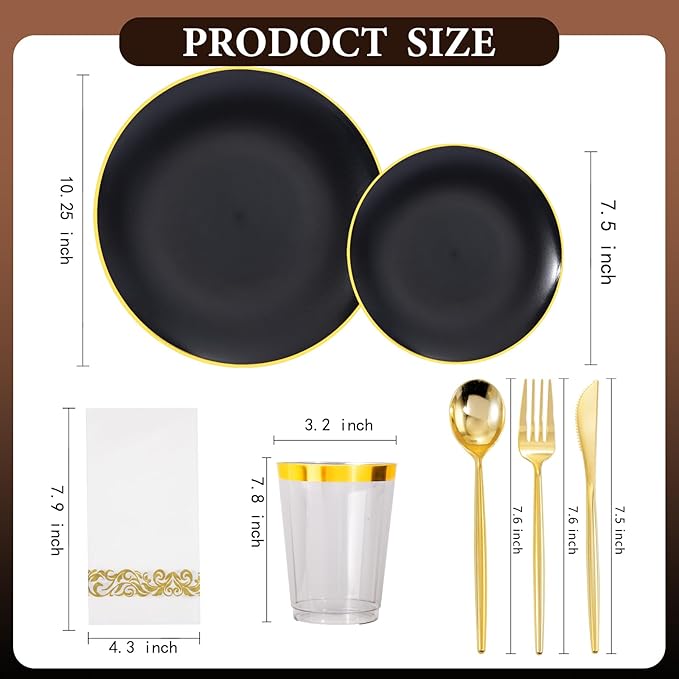 EI 350Pcs Black and Gold Matte Frosted Plastic Plates Disposable Heavy Duty,Dinnerware Set for Party Include 100 Disposable Plates,150 Silverware,50 Napkins,50 Cups for Party/Wedding/Events,Hotel