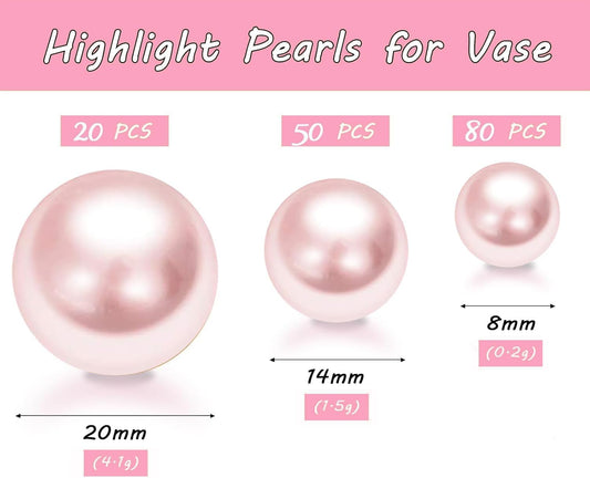 150Pcs Pink Polished No Hole Faux Pearl Beads for Vase Filling Decorations, Plastic Pearls Vase Fillers, Table Scatters, Wedding Centerpiece, Home Decor, 8/14/20 mm
