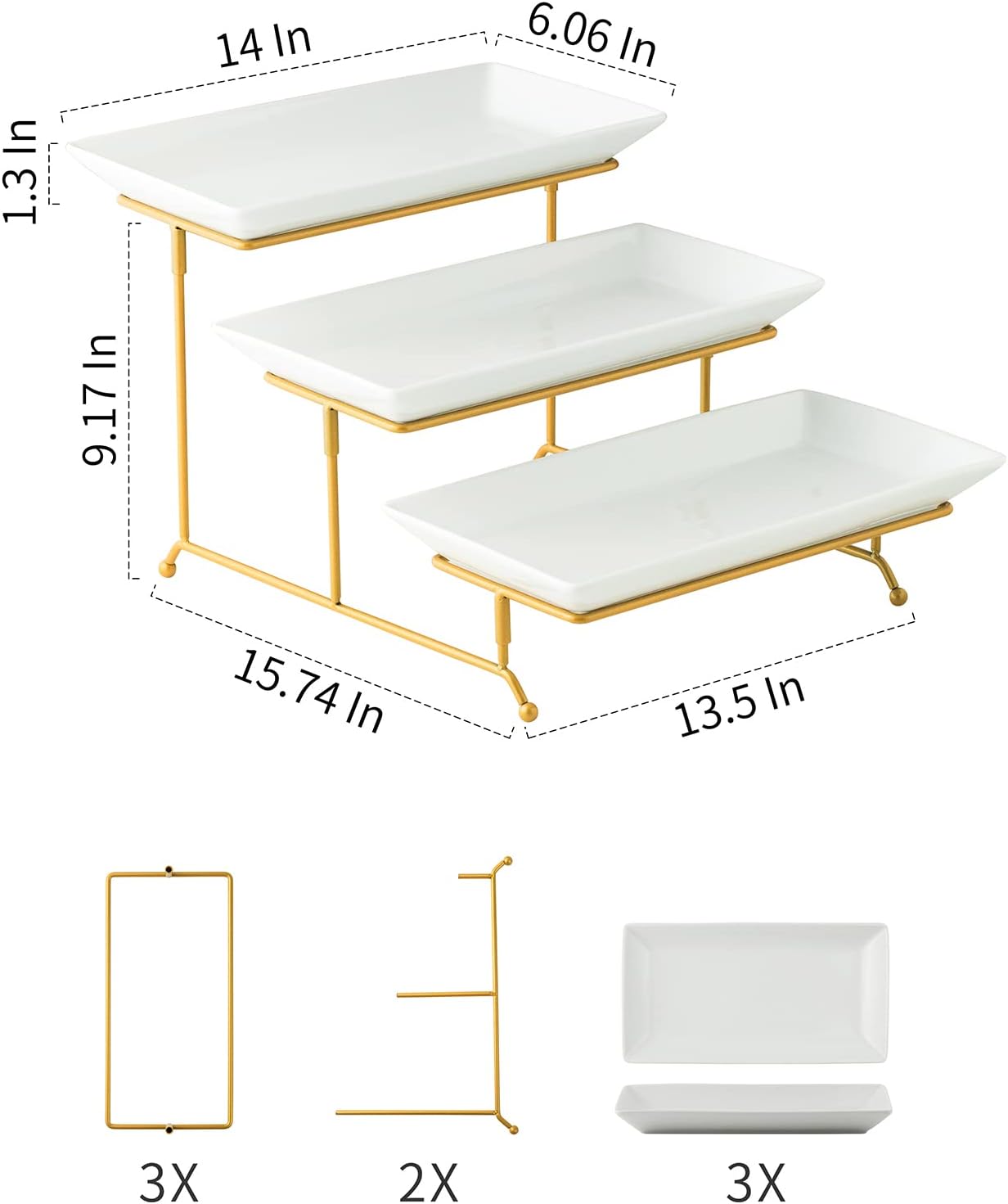 Gomakren 3 Tier Serving Stand with Porcelain Serving Platter Tray - Collapsible Gold Stand with 3 Piece Large14 Inch White Plates for Food Presentation Dessert Server Display and Entertaining