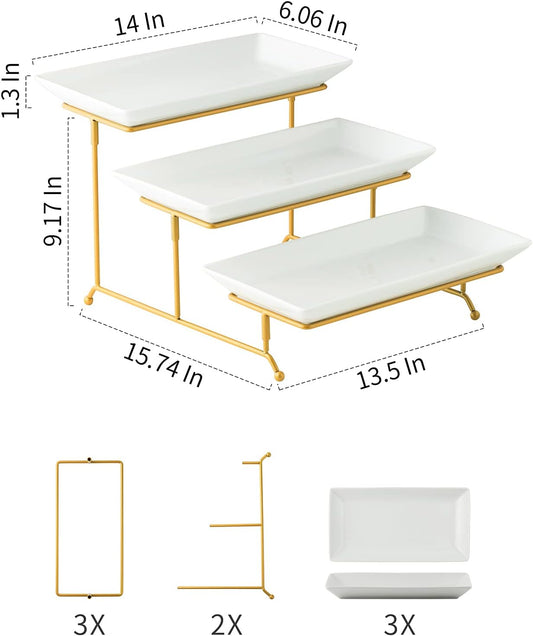 Gomakren 3 Tier Serving Stand with Porcelain Serving Platter Tray - Collapsible Gold Stand with 3 Piece Large14 Inch White Plates for Food Presentation Dessert Server Display and Entertaining