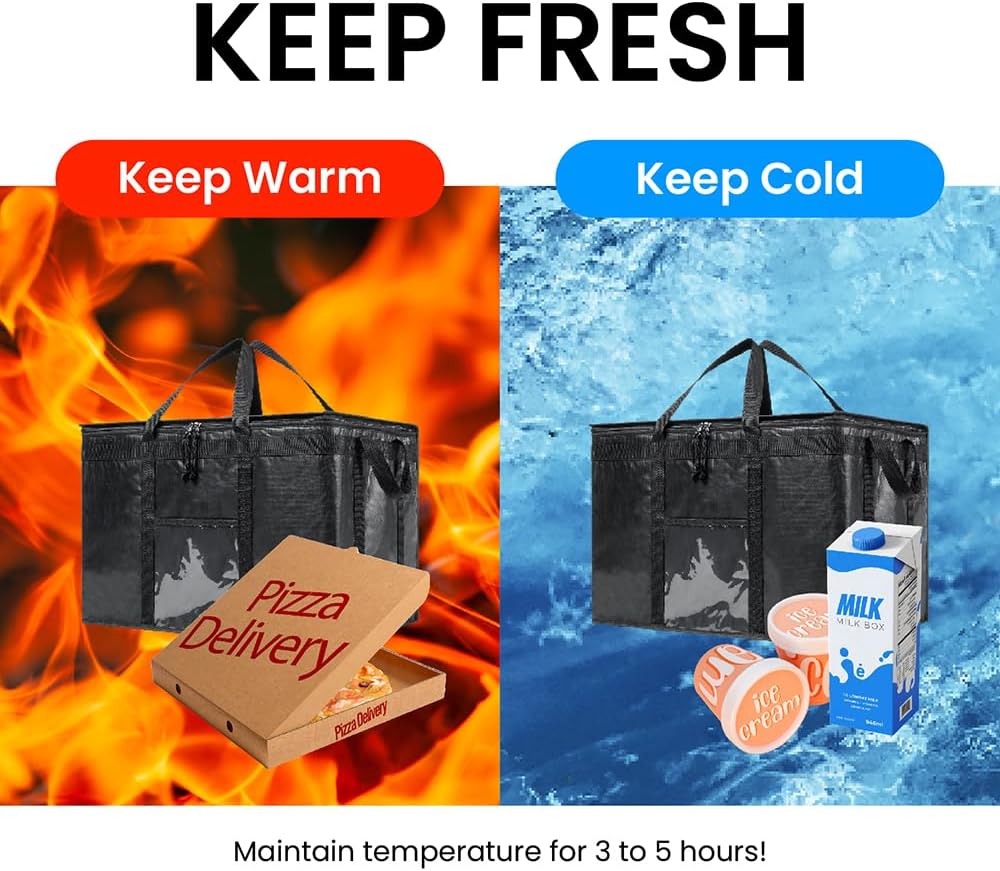 Durable 3XL PRO Insulated Cooler Bag and Food Warmer for Delivery & Grocery Shopping with Zippered Top, Red Commercial Grade (1 Pack)