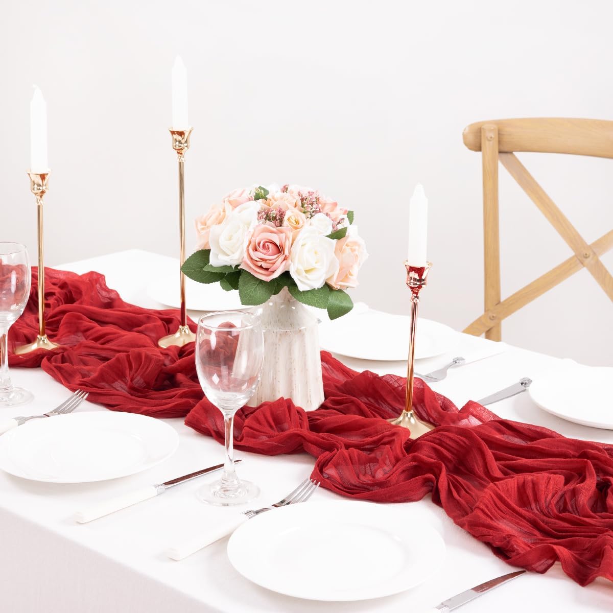MLMC 3 Pack Red Table Runner Boho Rustic Gauze Fall Cheesecloth Table Runner Cheese Cloth Centerpiece Decor 35x120 Inches for Wedding Winter Reception Halloween Home Decor