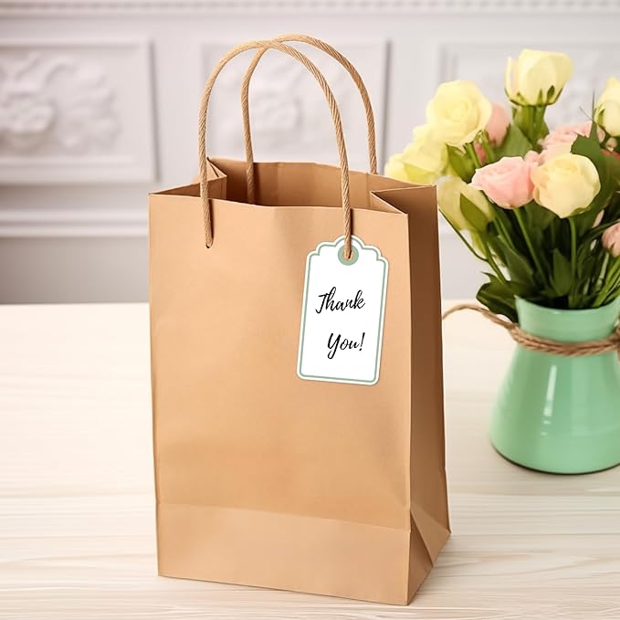 Anwyll Gift Tags with String - 100Pcs Green Gift Bag Tags Personalized White Blank Hanging Paper Label Tag for Baby Shower Birthday Party Wedding Christmas Favor Present