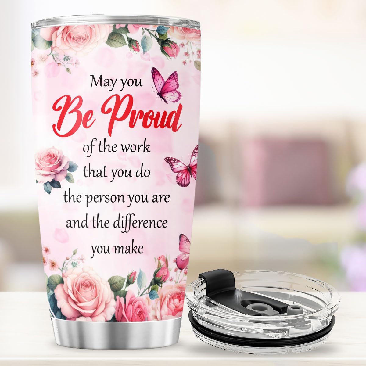 Inspirational Quote Tumbler for Women 20oz, Floral Butterfly Design Stainless Steel Insulated Cup, Motivational Gift for Coworker, Friend, Teacher, Mom, Appreciation Present