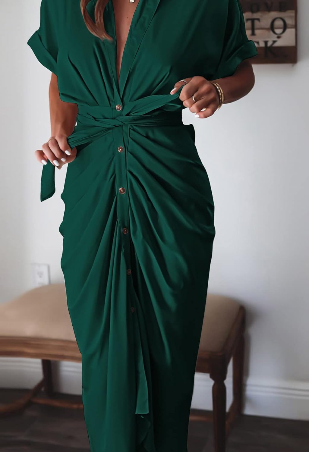 Women Elegant Satin Button Down Short Sleeve Maxi Shirt Dress with Belt