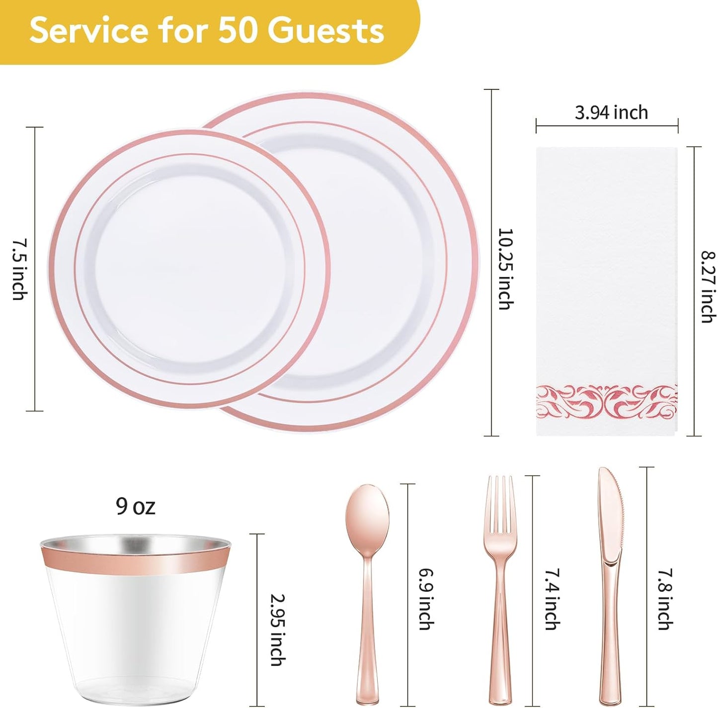 Goodluck 350 Piece Rose Gold Dinnerware Set for 50 Guests - Disposable Plastic Plates, Paper Napkins, Cups, Silverware for Party