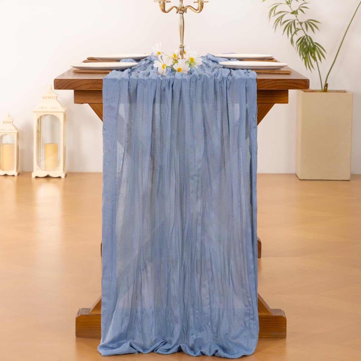 Socomi 6pcs Dusty Blue Fall Thanksgiving Cheesecloth Table Runner Boho Rustic Gauze 120 inch 10FT Cheese Cloth Runner for Wedding Party Baby Shower Birthday Home Decor Holiday Decorations