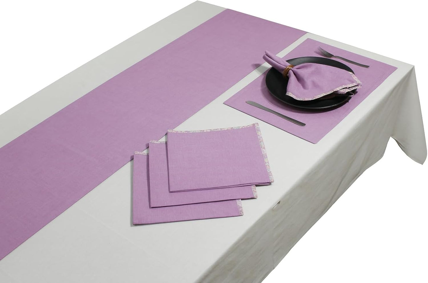 Indtresor Indian Heritage Fabric Cotton Table Linen Reversible Set Runner Napkins Mats in Purple