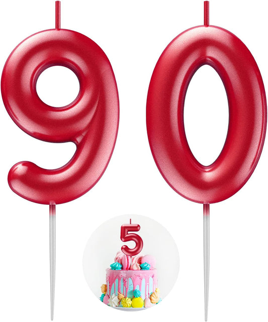 Red Number 90 Candle Happy Birthday 3D Number Candles for Birthday Cake Party Decoration Wedding Anniversary Celebration Supplies