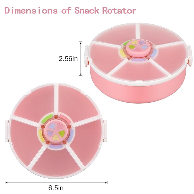 Snack Rotator Container Reusable Snack Box with 5 Compartment Dispenser and Lid, Color Matching Opening Lid, BPA and PVC Free, for Home, School, Travel (2 Pack- Pink)