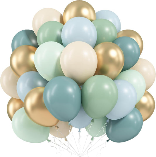 Sage Green and Blue Balloons, 60 PCS 12 Inch Dusty Green Blue Sand White Gold Balloons for Baby Shower Bridal Shower Wedding Boho Birthday Party Decorations