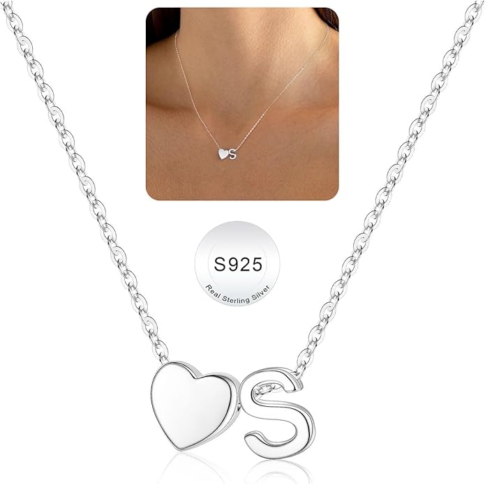 Turandoss Valentines Gifts for Her Kids Girls, Dainty S925 Sterling Silver Tiny Heart Letter A-Z Pendent Necklace Trendy Birthday Valentines Jewelry Gifts for Girls Women