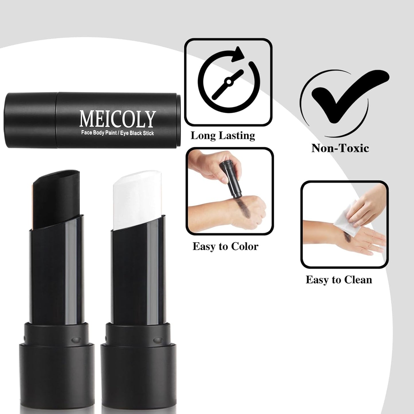 MEICOLY Black White Face Body Paint Stick Set,Waterproof Face Paint Stick for Adults and Kids,Clown White Makeup,Face Painting for Halloween SFX Skull Zombie Skeleton Goth Makeup