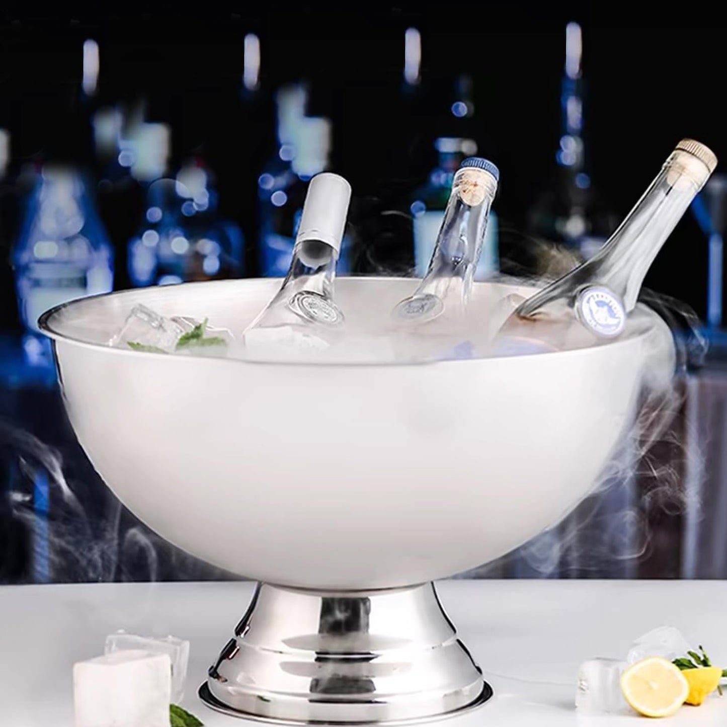 Large Ice Bucket 13L Stainless Steel Champagne Bowl Ice Bucket with Ice Scoop Semicircle Drink Tub with Integrated Base Silver Beverage Tub for Parties, Cocktail Bar, Chilling Wine (2 packs)
