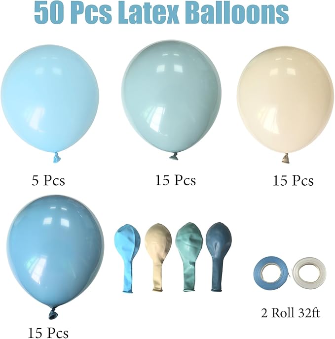 Dusty Blue Sand White Balloons, 50 Pcs 12 Inches Dusty Haze Light Blue White Sand Latex Balloon for Birthday Baby Show Bridal Party Decorations