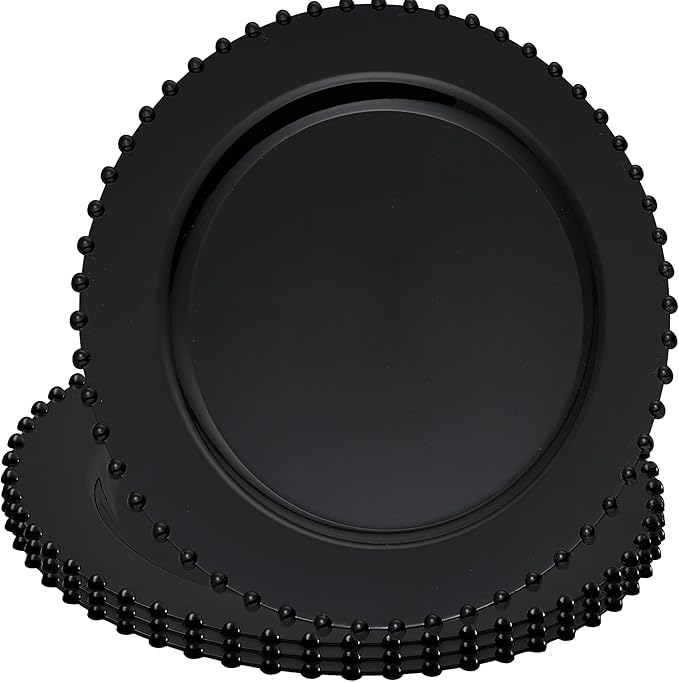 PLASTICPRO Black Plastic Charger Plates with Beaded Edge – Pack of 8 – 13" Elegant Round Disposable Chargers for Weddings, Events, Parties, and Dinners