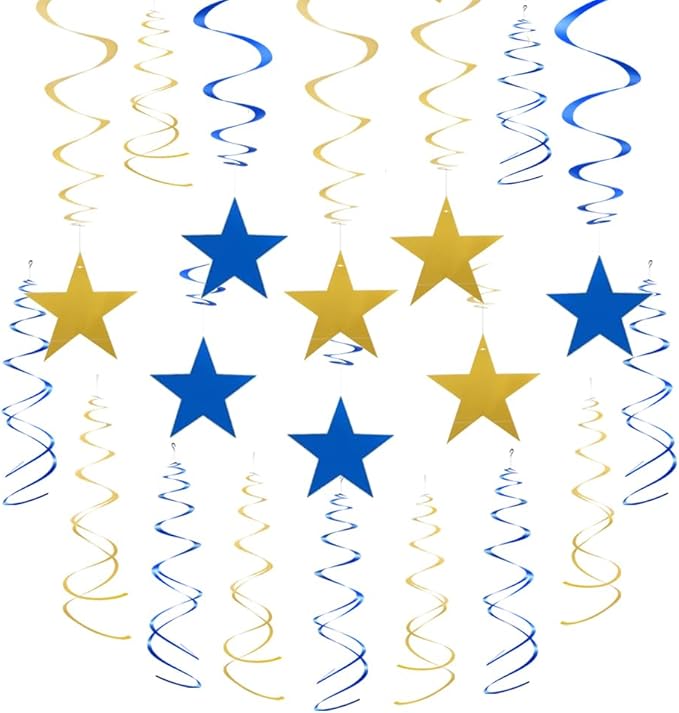 MOWO Gold Blue Star Swirl Hanging Decoration for 4th July Birthday Graduation Retirement Party Supplies,Pack of 20