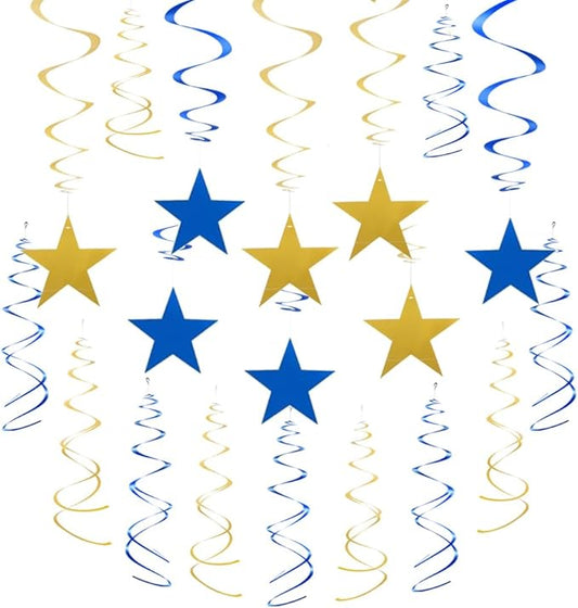 MOWO Gold Blue Star Swirl Hanging Decoration for 4th July Birthday Graduation Retirement Party Supplies,Pack of 20