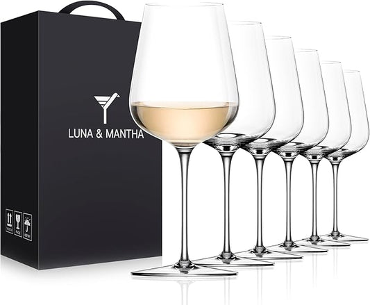 LUNA & MANTHA Wine Glasses Set of 6, Crystal White Wine Glasses with Long Stem, Hand Blown 14oz, Red White Gift Packaging for Daily Use, Father's Day, Wedding Anniversary or Birthday