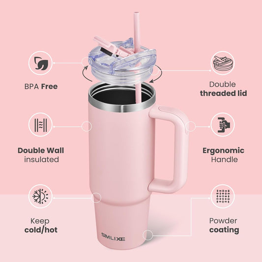 30 oz Tumbler with Handle, Tumbler with Lid and Straw, Double Wall Vacuum Insulated Travel Mug Stainless Steel Tumbler for Hot and Cold, Cupholder Friendly (Pink)