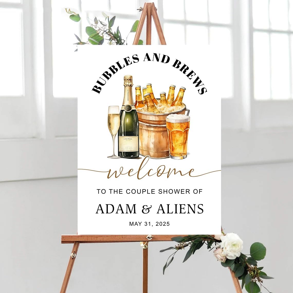 Personalized Greenery Eucalyptus Bubbles and Brews Couples Shower Welcome Sign, Gold Modern Minimalist Wedding Shower Bridal Party Decoration, Outdoor Plastic Sign Weatherproof #8