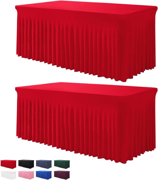Table Skirt for 4 Foot Tables - 2 Pack One-Piece Red Tablecloths and Skirt, Wrinkle Resistant Ruffles Elastic Cover for Banquets, Weddings, Events, Parties