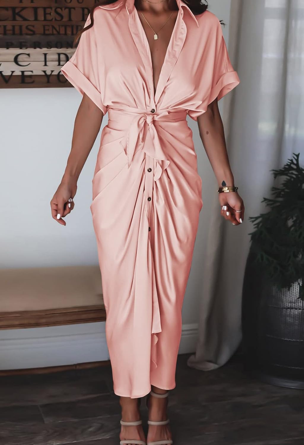 Women Elegant Satin Button Down Short Sleeve Maxi Shirt Dress with Belt