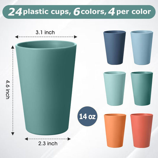 24 Pcs Unbreakable Plastic Cups Set, 14 oz Reusable Plastic Cups, Stackable Water Tumblers, Drinking Cup for Kitchen, Outdoor, BPA-free, Dishwasher Refrigerator and Microwave Safe (14 oz, 6 Colors)