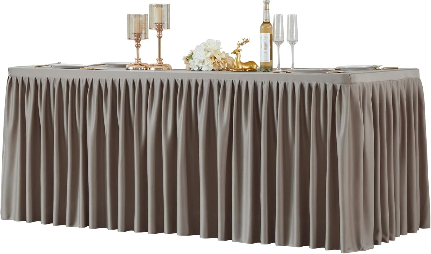 Natural Polyester Table Clothes for 8 Foot Rectangle Tables, Wrinkle Free Fitted Table Cover with Pleated Ruffle Table Skirt for Birthday Party Wedding Trade Show Event Display